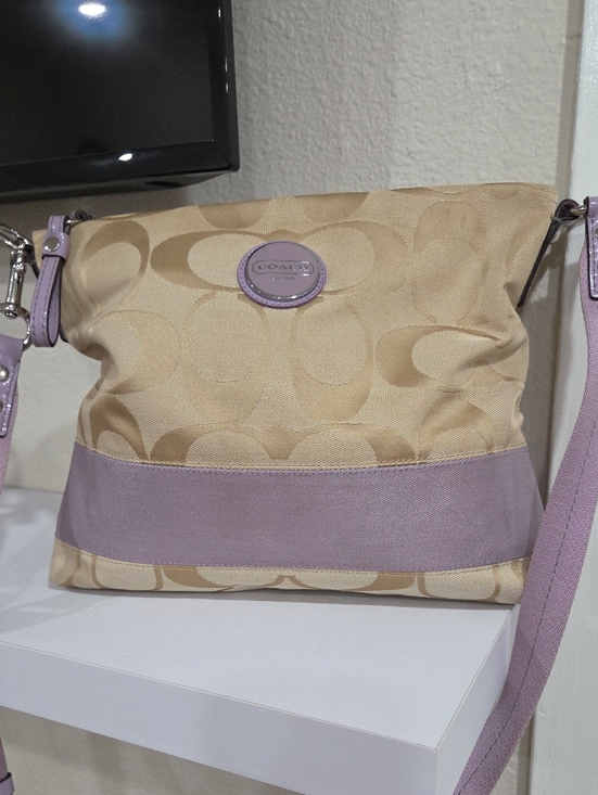 Coach Handbags - Coach Beige Signature Canvas Crossbody with Lilac Trim